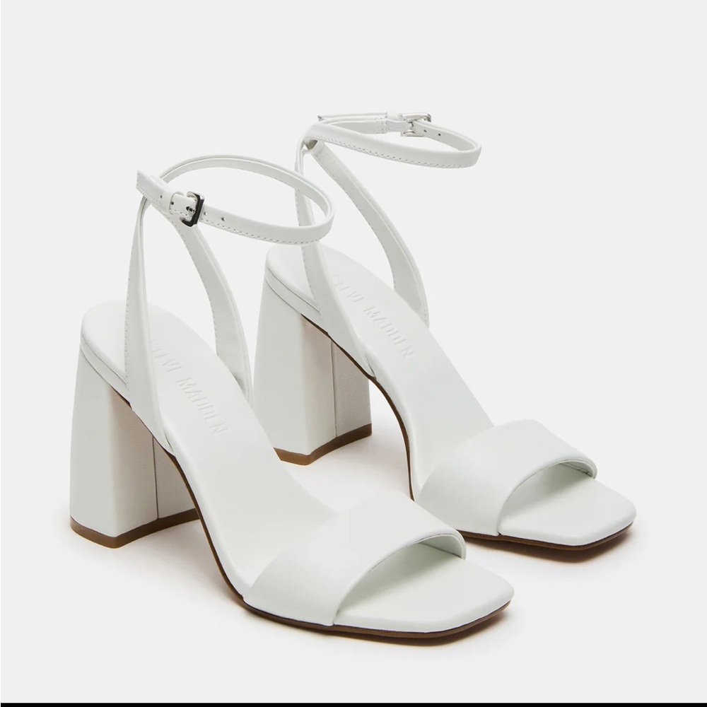 Steve Madden Messa White Leather Block Heel Sandals